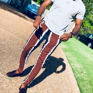 Maroon, Black & White Stripes Tailored Pants.